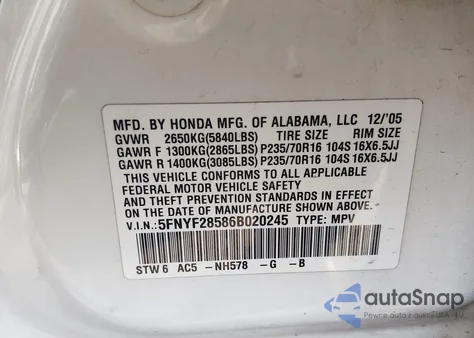 2006 Honda Pilot Ex-L z USA, uszkodzony, nr VIN 5FNYF28586B020245